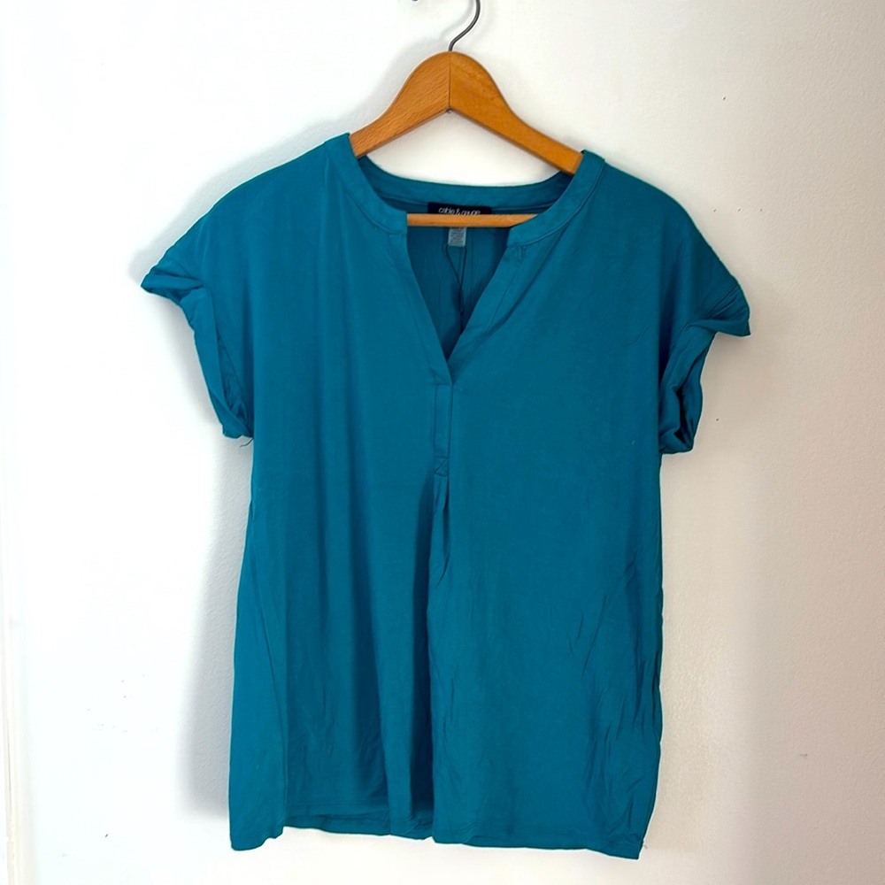 Cable & Gauge Teal Short Sleeve V-Neck Blouse